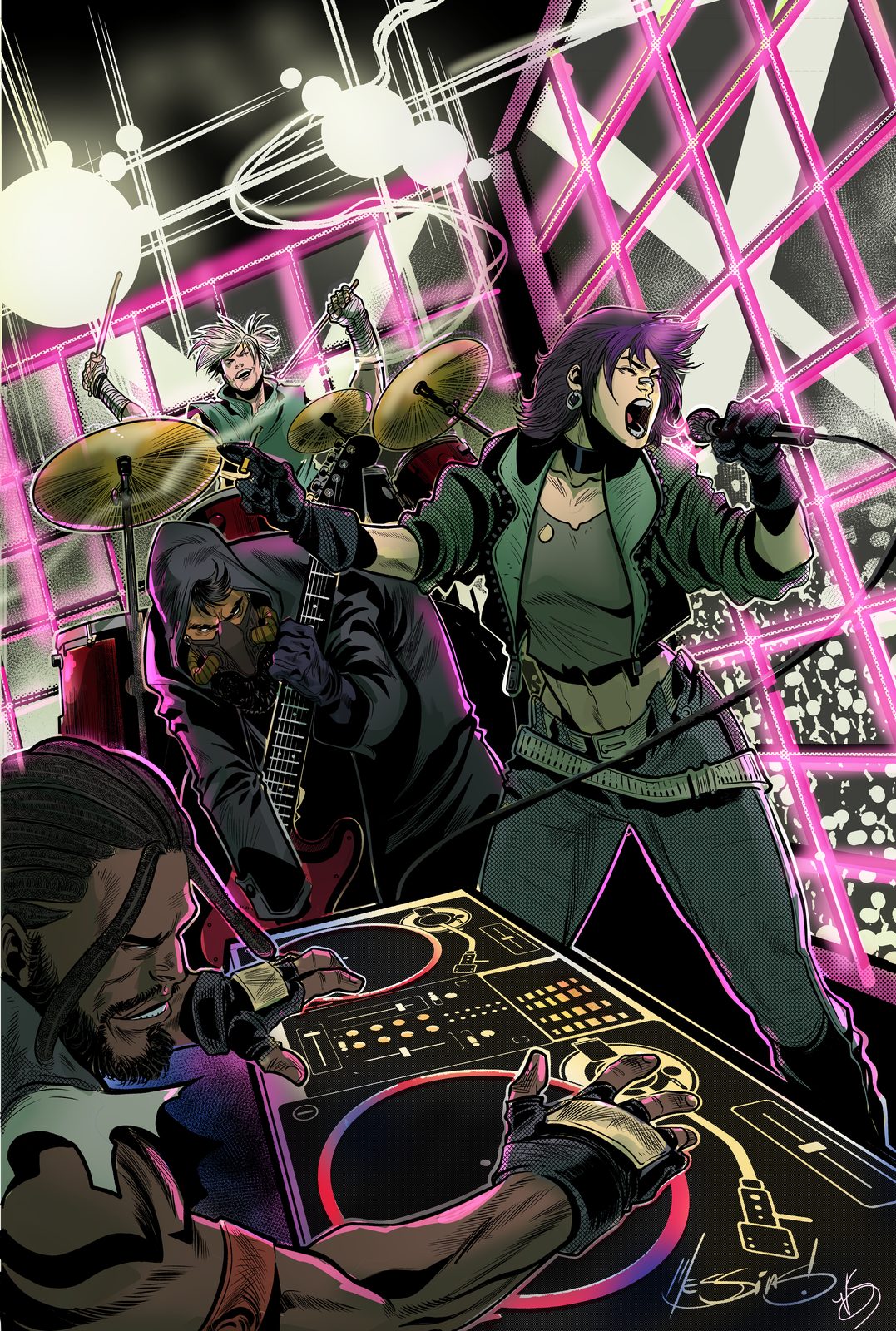 Ashes Over Neon cover art featuring the Gutter Punks band performing